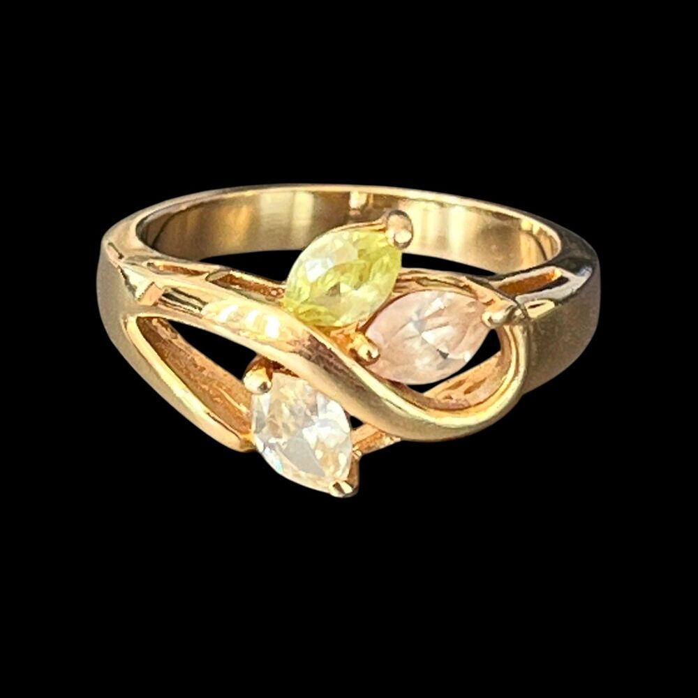 Vintage 1980s Crystal Ring Size 9 Gold Tone Marquise Cluster NOS - 4V